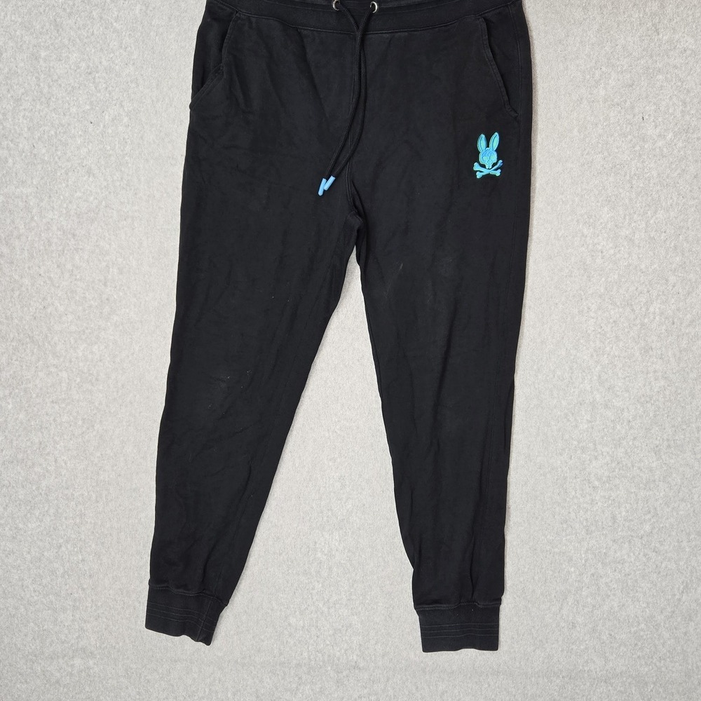 Psycho Bunny Men Activewear Pants‎ M Black Embroidered Sweatpants Bunny Skull